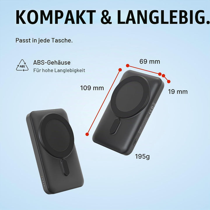 Classic Powerbank 10.000 mAh Rot – 22,5 W Schnelllade-Powerbank mit PD 20W, 15W Wireless Charging, U