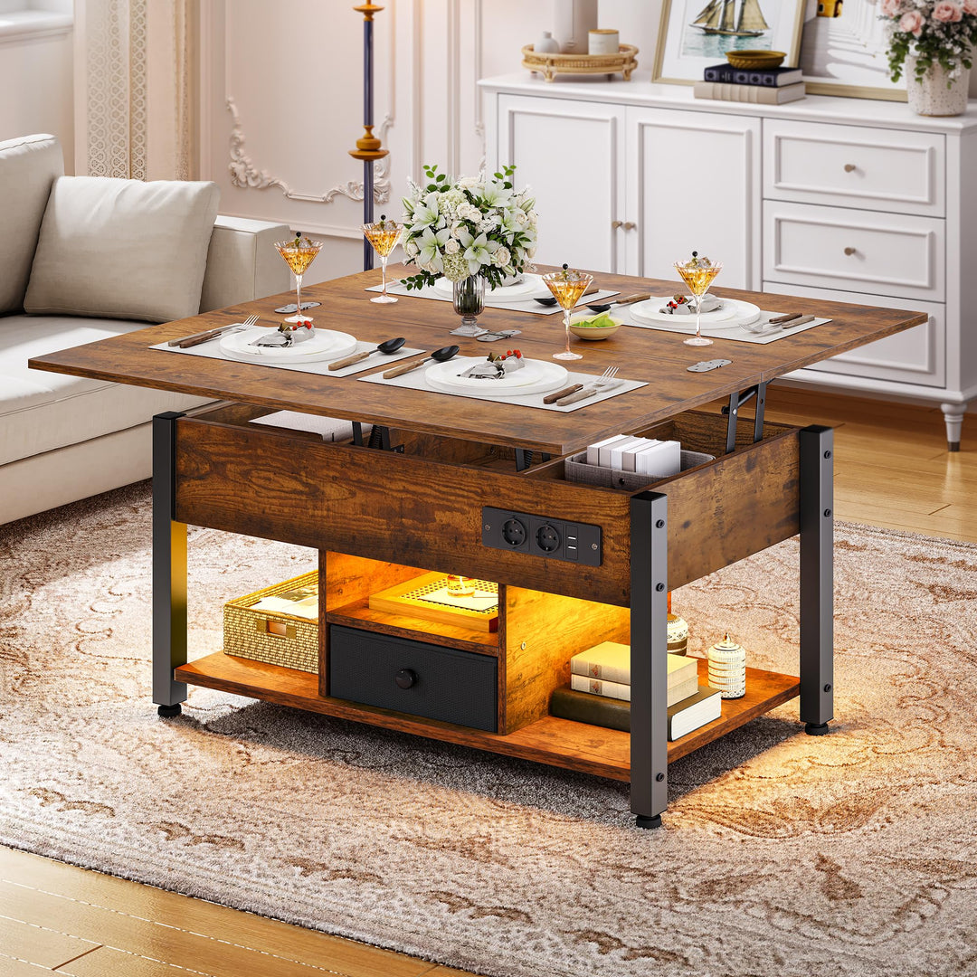 YITAHOME Couchtisch mit Höhenverstellbarer, 4-in-1-Multifunktions-Couchtisch mit Stauraum und LED Be