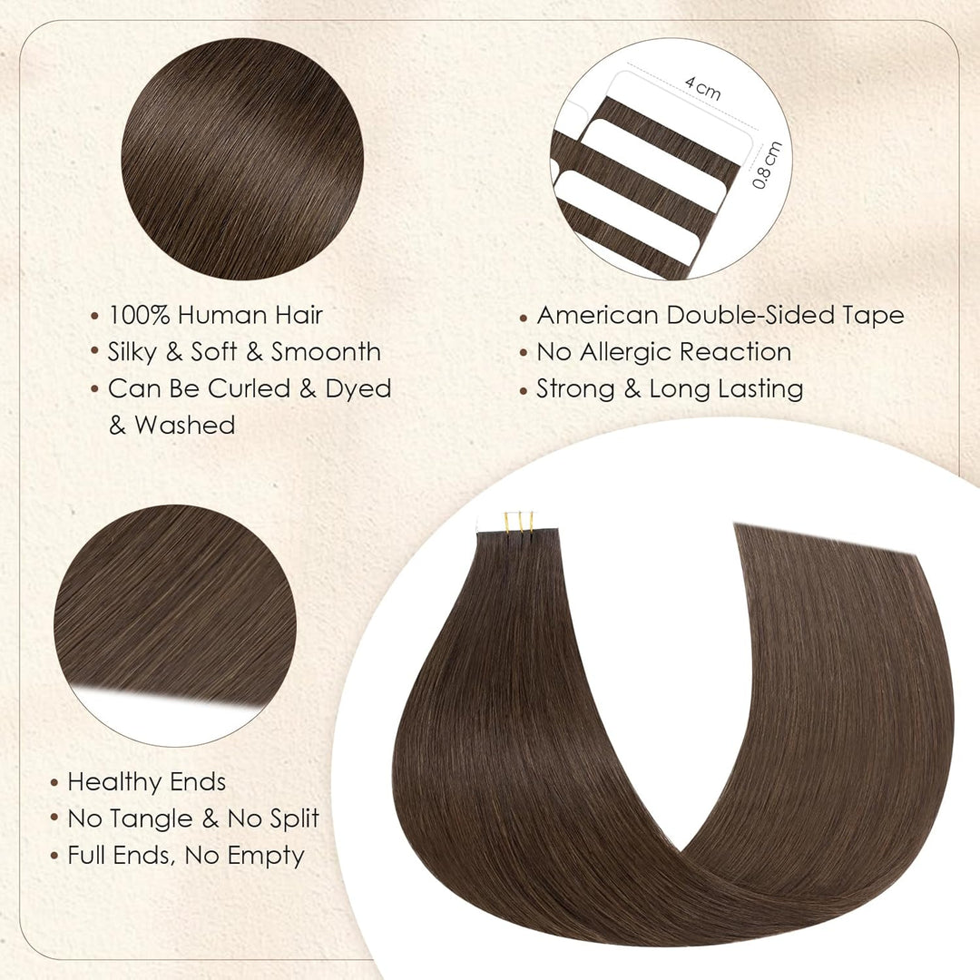 Elailite Tape Extensions Echthaar #2 Dunkelbraun, 10 Stück Unsichtbar Kleber Haarverlängerungen 20g,