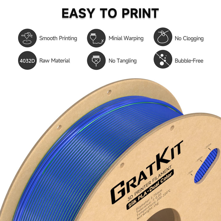 GratKit Silk Dual Color Filament PLA 1.75mm, -0.03mm, Coextrusion PLA Filament, 3D Drucker Filament,