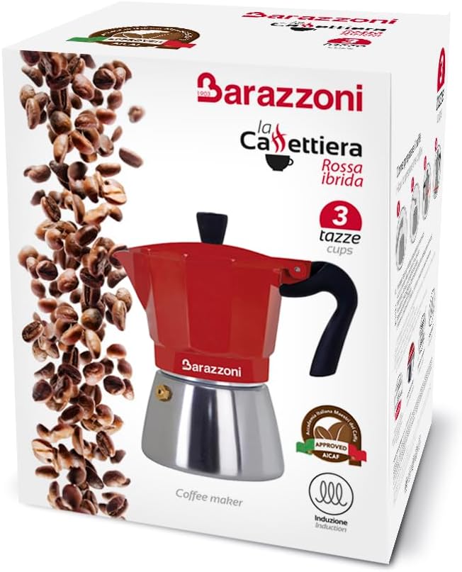 BARAZZONI, Espressokocher, Aluminium und Stahl, Modell Hybrid rot, 3 Tassen, sicher, stabil, elegant