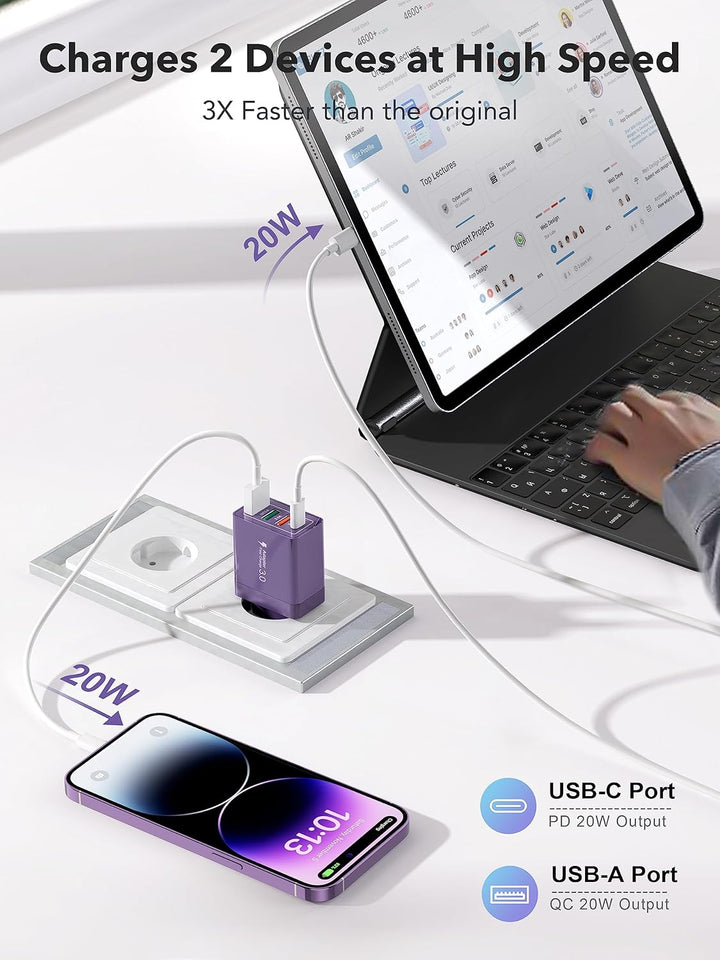 USB C Ladegerät, 2 Pack USB Schnellladegerät 40W 4 Port PD+QC USB Schnell Netzteil USB C Adapter für