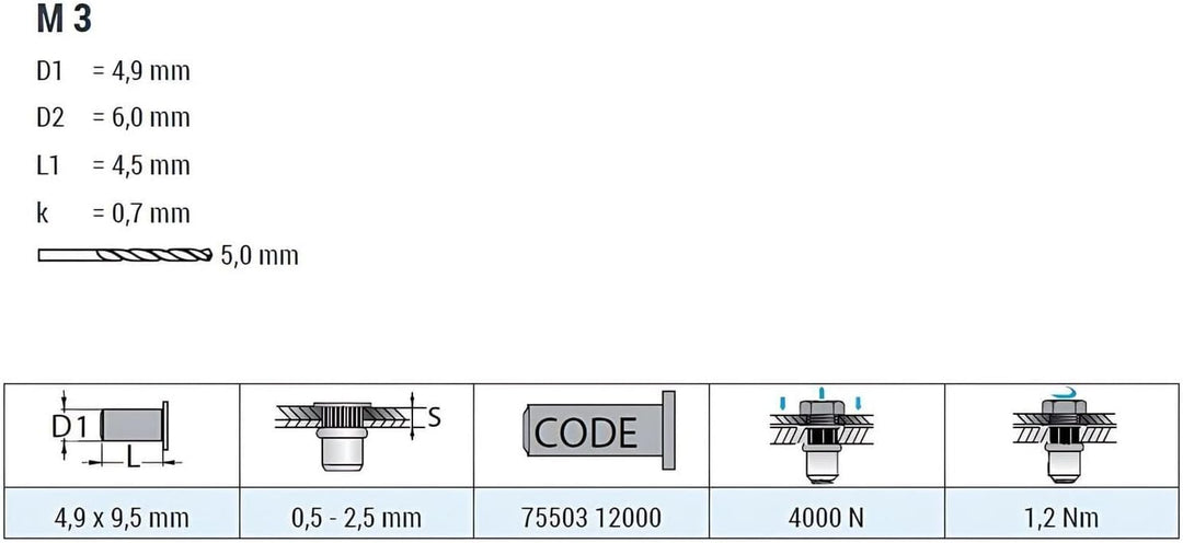 GOEBEL® - 250 x Blindnietmuttern Nietmuttern M3 Edelstahl A2 (V2A) (Ø x L) 4,9 x 9,5 mm Blindmuttern