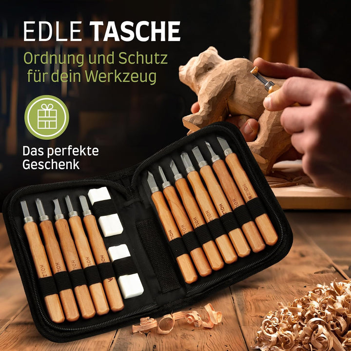 HOLZHELD Holzschnitzwerkzeug Set (14-teilig) mit Anleitung für 1 Schnitzprojekt - 12 Schnitzmesser a