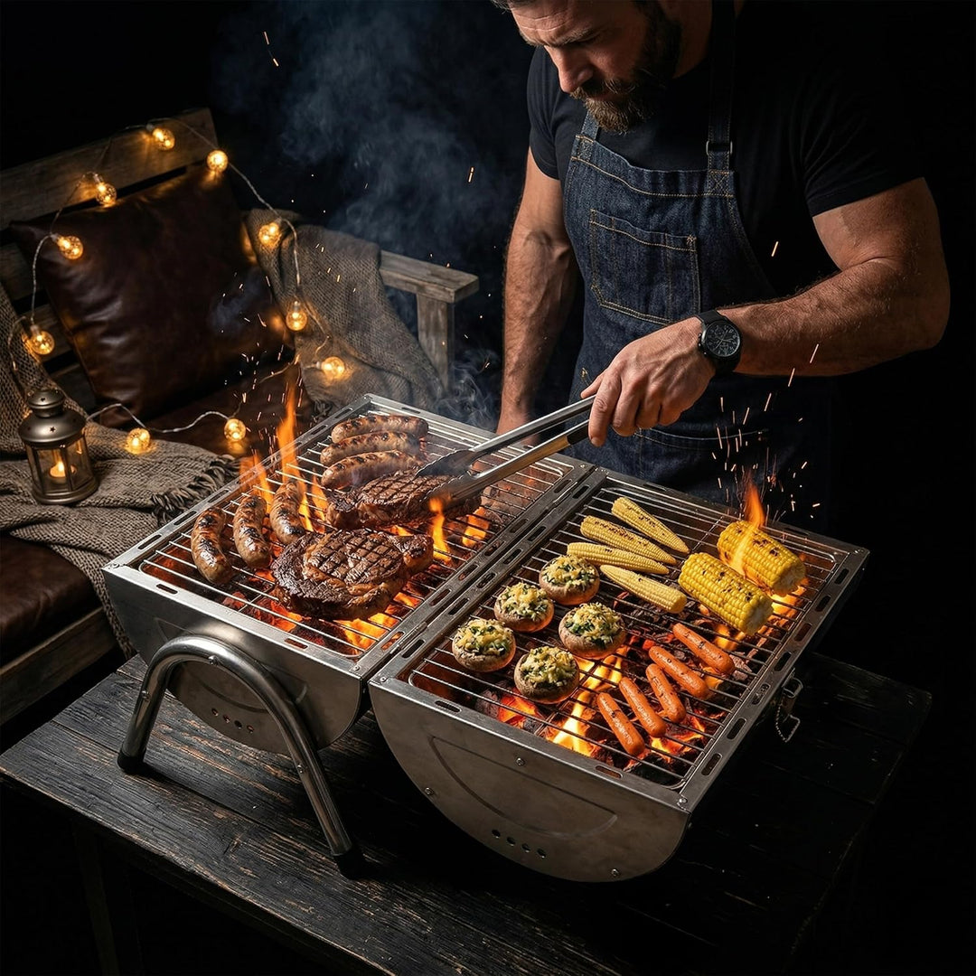 Relaxdays Tischgrill, 2 Grillflächen je 34 x 21,5 cm, Outdoor Camping, Klappgrill &amp; Smoker, Holzgrif