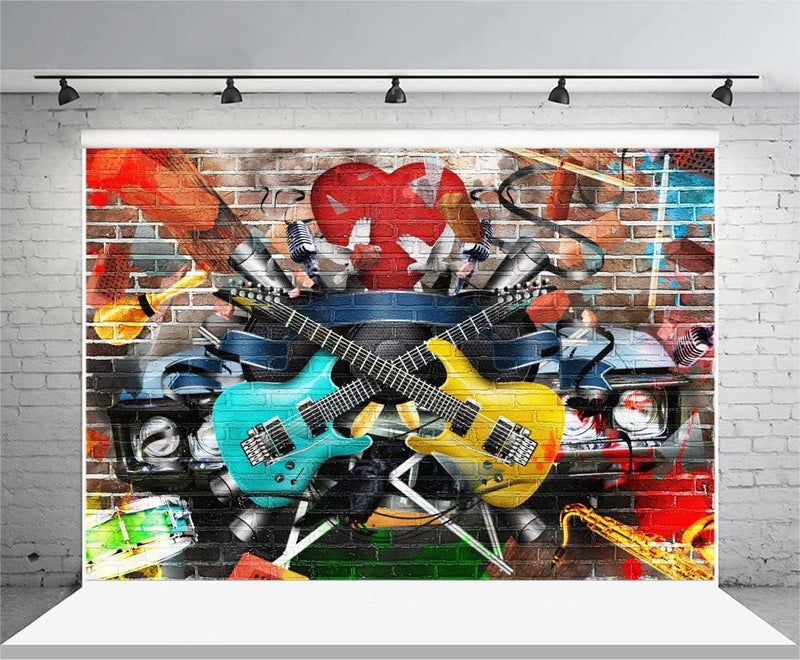 Renaiss 2.7x1.8m Graffiti Gitarre Hintergrund Graffiti Brick Wall Fotografie Hintergrund 80S 90S Roc