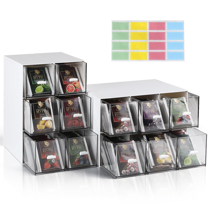 4 Stück Teebox Kunststoff mit 12 Schubladen 22,6x16,5x7,6cm Teebeutel Organizer Stapelbar, Tee Aufbe