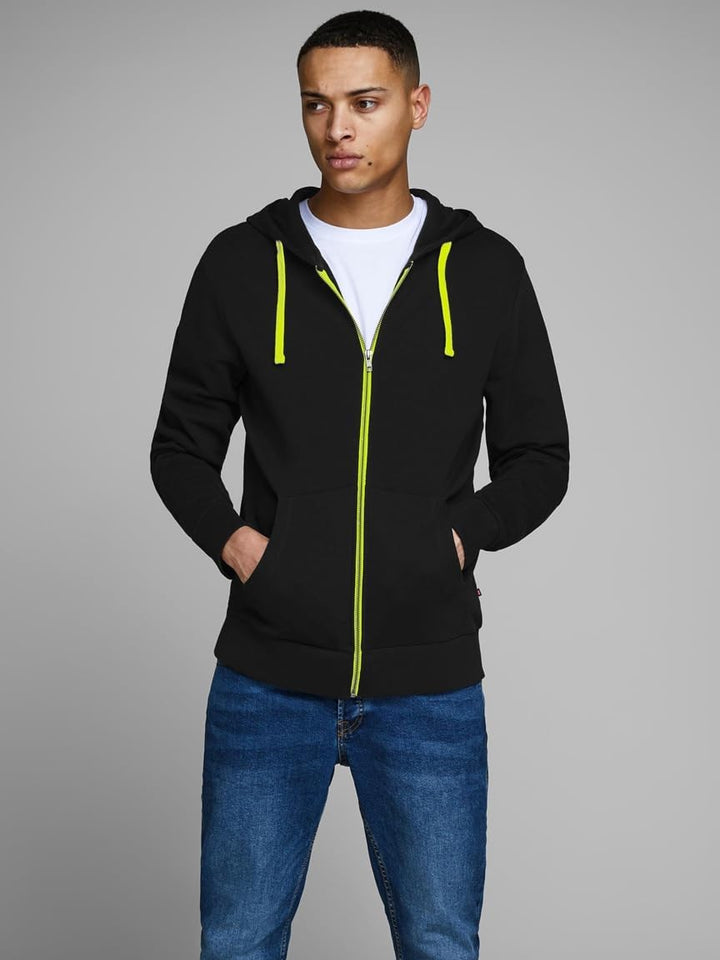 JACK & JONES Herren JJEHOLMEN Sweat Zip Hood XS Schwarz (Black/Safety Yellow/Reg Fit), XS Schwarz (B