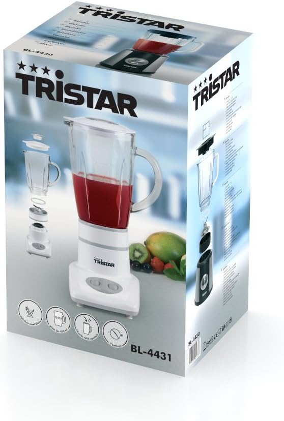 Tristar BL-4431 Mixer – Edelstahlklingen – 2 Geschwindigkeiten - 450 ml Glaskanne - Kompakt