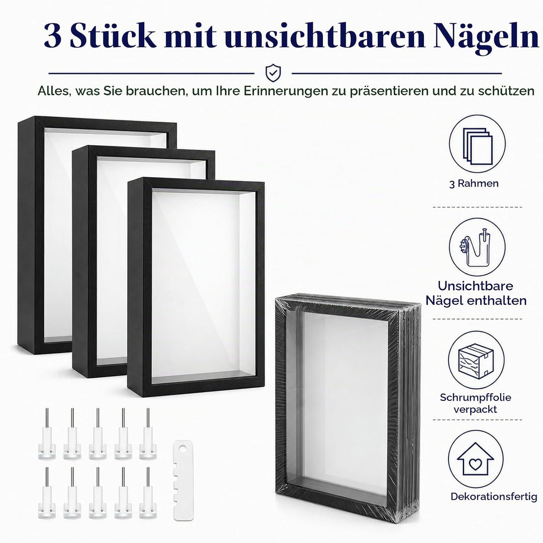 STARVAST 3 Stück 3D Bilderrahmen zum Befüllen, 3D Tief Objektrahmen A4, Schattenbox Vitrine Rahmen m