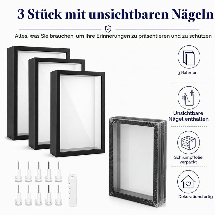 STARVAST 3 Stück 3D Bilderrahmen zum Befüllen, 3D Tief Objektrahmen A4, Schattenbox Vitrine Rahmen m
