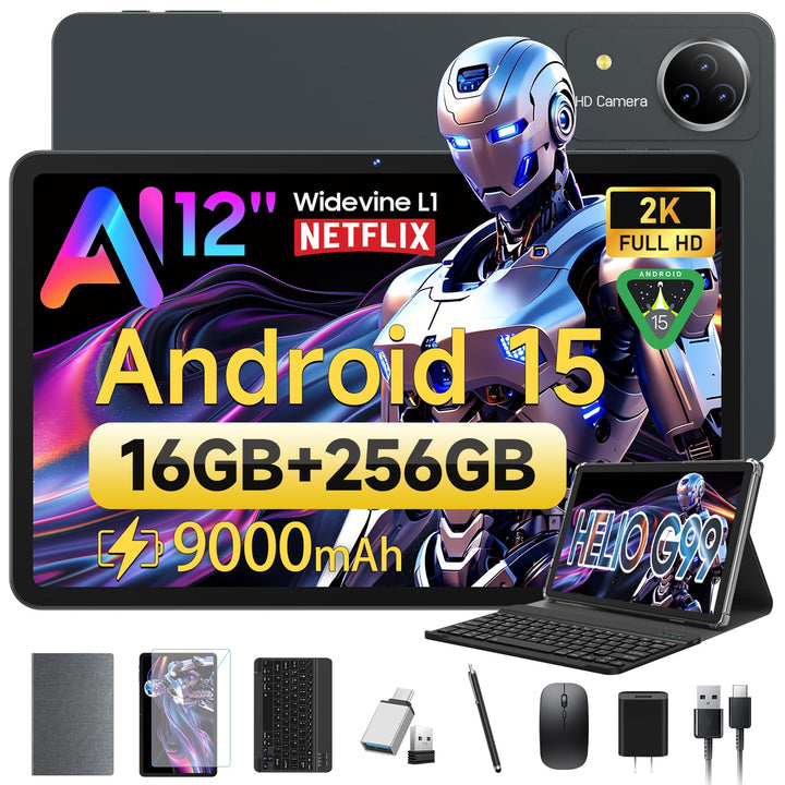 FEONAL Android 15 Tablet 12 Zoll 2K Display Helio G99 Gaming Tablet mit Tastatur/Stift/Maus, Gemini
