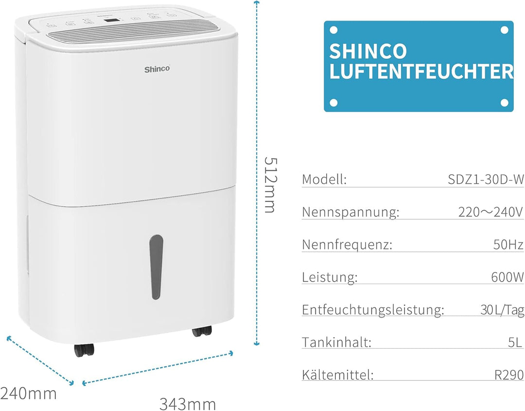 SHINCO 30L Elektrisch Luftentfeuchter für 105m³(35m²), Wifi, Energieeinsparung, Automatischer Neusta