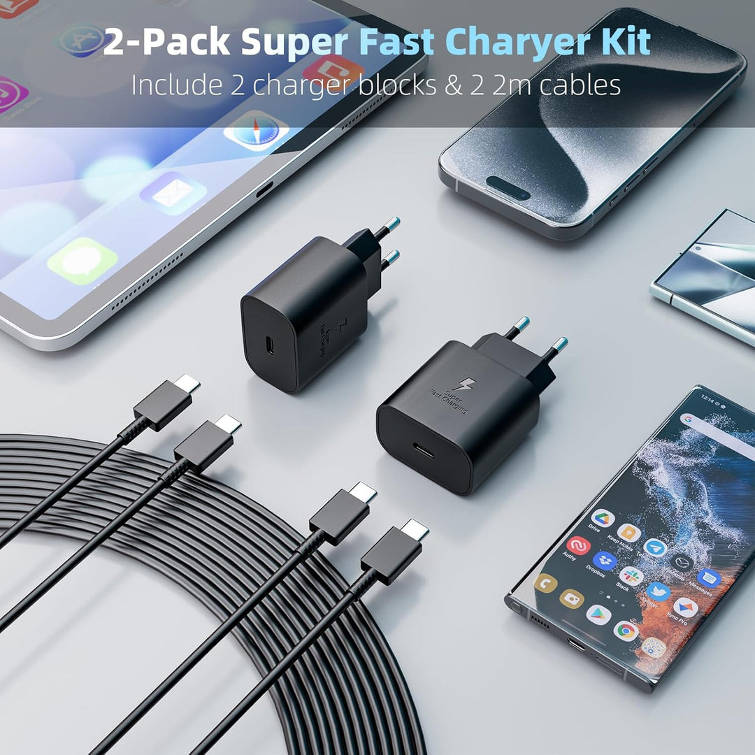 2er-Pack 25W USB C Ladegerät, Schnellladegerät Netzteil Super Fast Charger mit 2 m Ladekabel Schnell