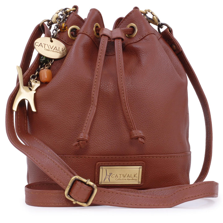Catwalk Collection Handbags - Leder - Damen Umhängetasche mit Kordelzug - Verstellbaren Gurt - ROCHE