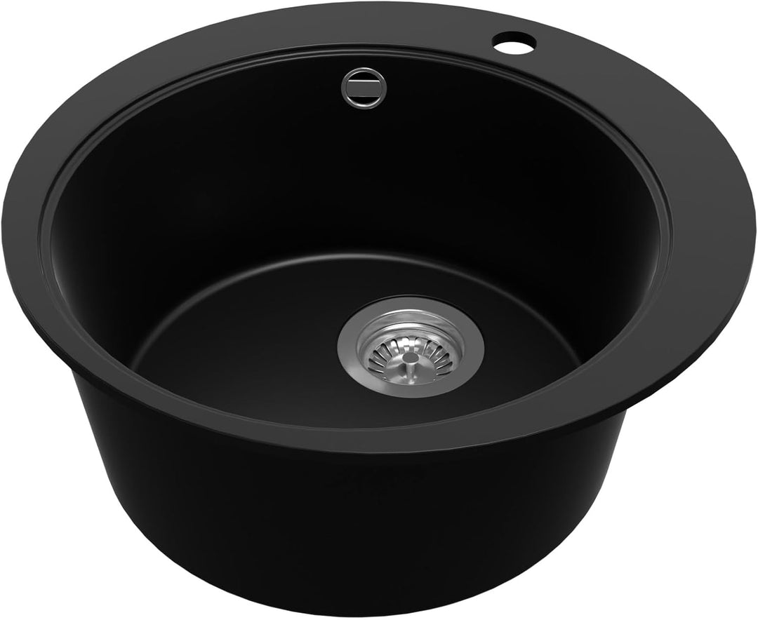 PRIMAGRAN Spülbecken Rund Schwarz 50x50cm, Granitspüle 1 Becken + Ablauf-Set, Küchenspüle ab 45er Un