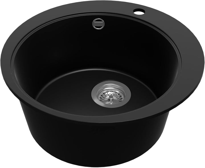 PRIMAGRAN Spülbecken Rund Schwarz 50x50cm, Granitspüle 1 Becken + Ablauf-Set, Küchenspüle ab 45er Un