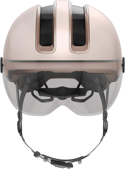 ABUS Stadthelm HUD-Y ACE - stylischer Fahrradhelm mit Visier und magnetischem, aufladbarem LED-Rückl