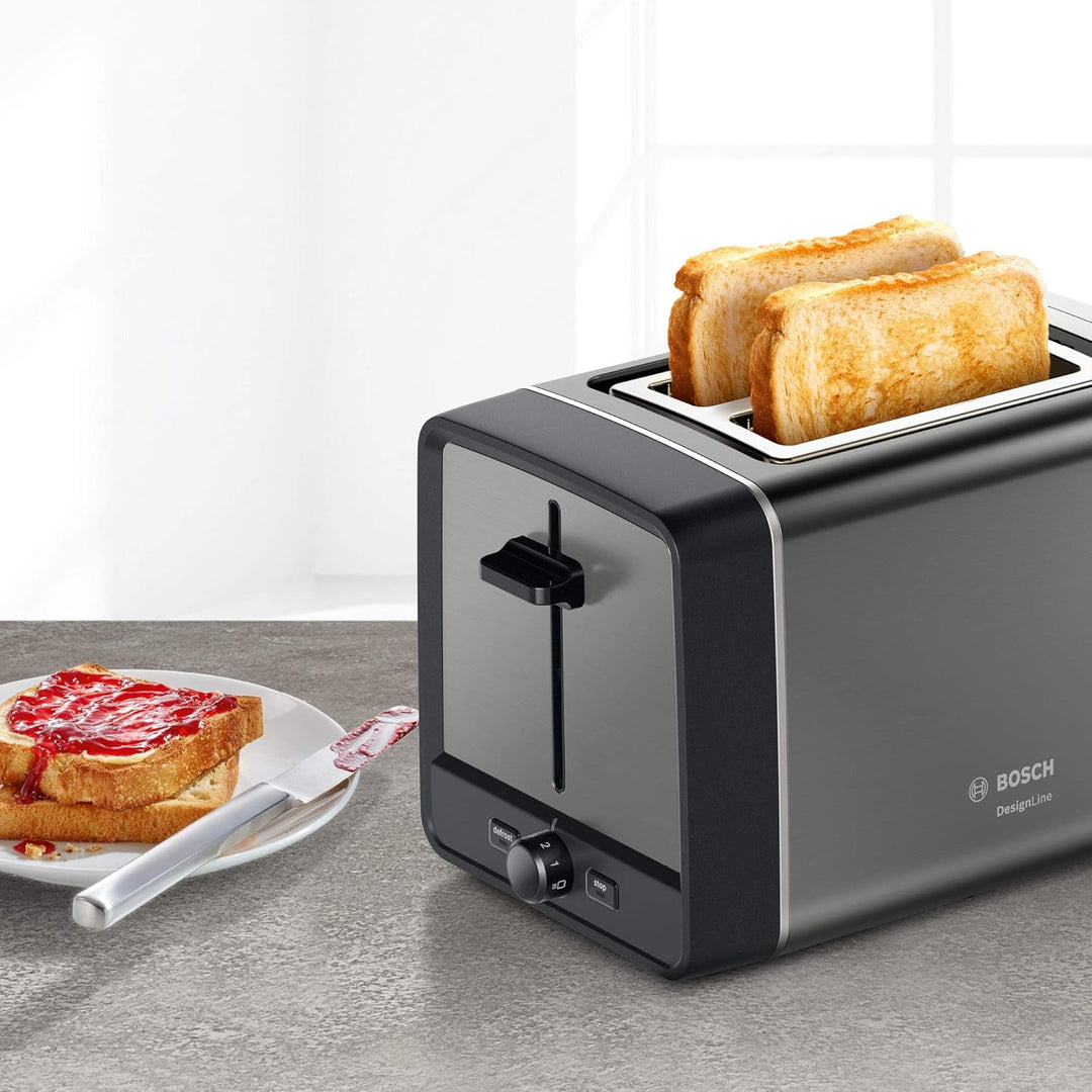 Bosch Kompakt Toaster DesignLine TAT5P425DE, integrierter Edelstahl-Brötchenaufsatz, mit Abschaltaut