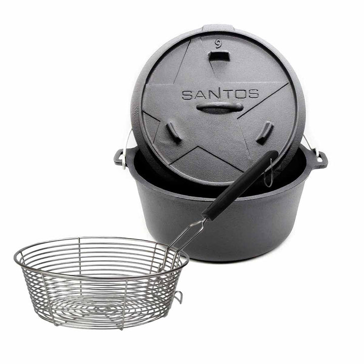 SANTOS Dutch Oven mit Deckel - inkl. Frittierkorb Ø 27,5 x9,5cm - 8,5 L/9 Qt Feuertopf - Gusseisen -
