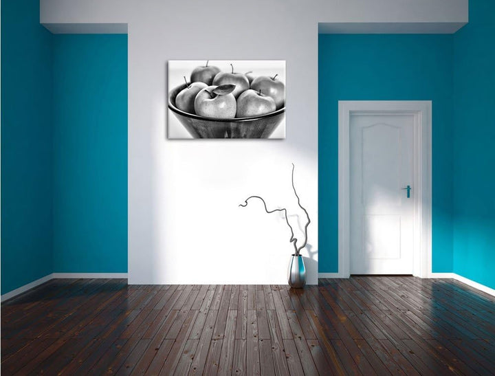 Pixxprint Monocrome, Apple Apfel Korb mit grünen Äpfeln, Format: 100x70 auf Leinwand, 100x70