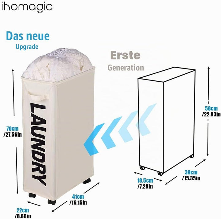 IHOMAGIC 62L Schmale Wäschesack mit Rollen - Hoher Wäschekorb mit Abnehmbaren Wäschesäcken, Grossen