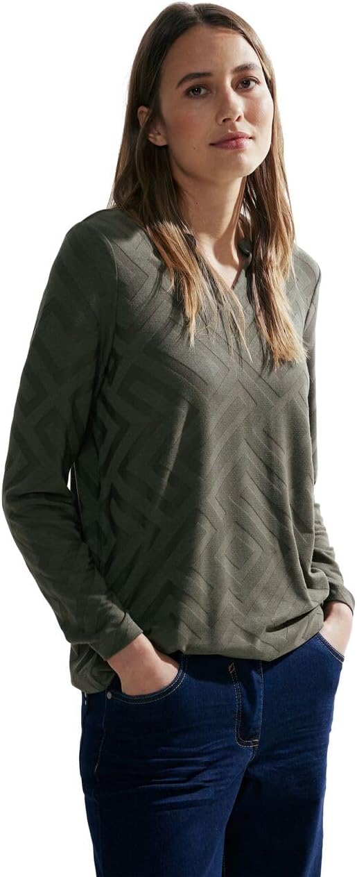 Cecil Damen Jacquard Langarmshirt S Dynamic Khaki, S Dynamic Khaki