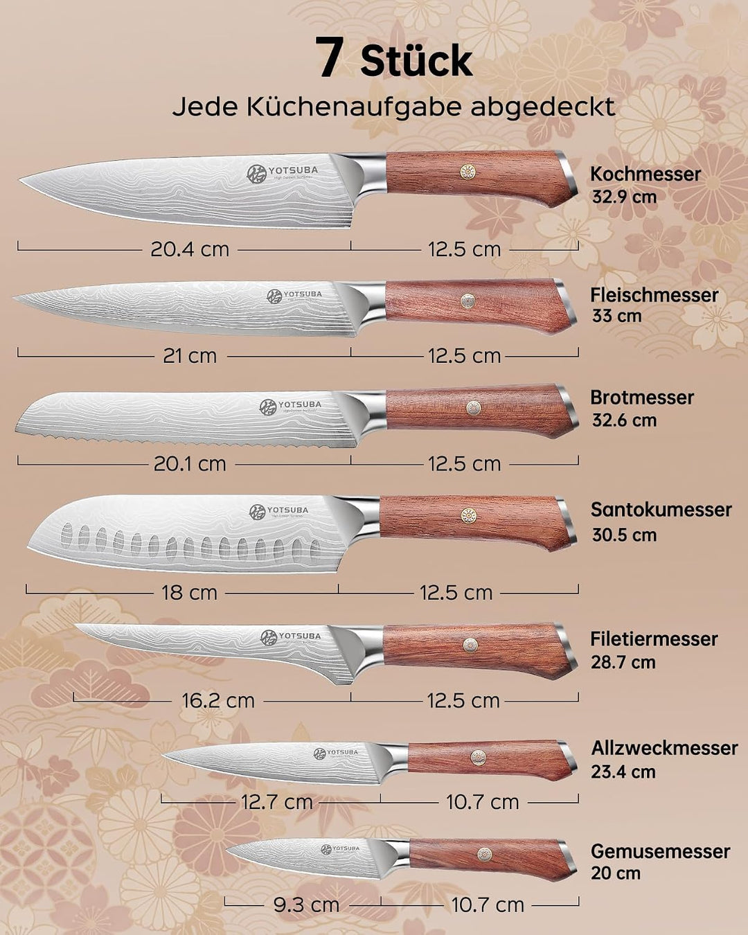 YOTSUBA Messerset Scharfes Küchenmesser Set aus hochwertigem Carbon Edelstahl Profi Kochmesser Set 7