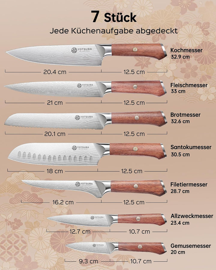 YOTSUBA Messerset Scharfes Küchenmesser Set aus hochwertigem Carbon Edelstahl Profi Kochmesser Set 7
