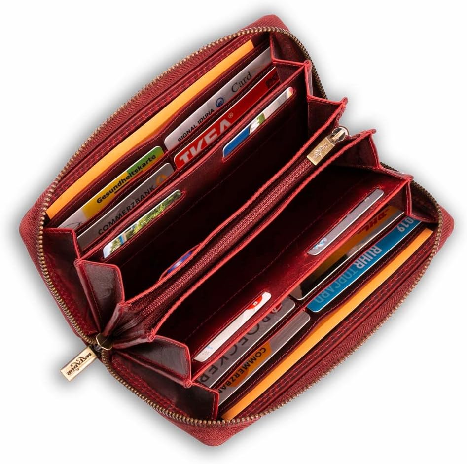 Matador Geldbörse Damen Leder Geldbeutel Echt Leder Langbörse Frauen Rot Viele Kartenfächer TüV Gepr