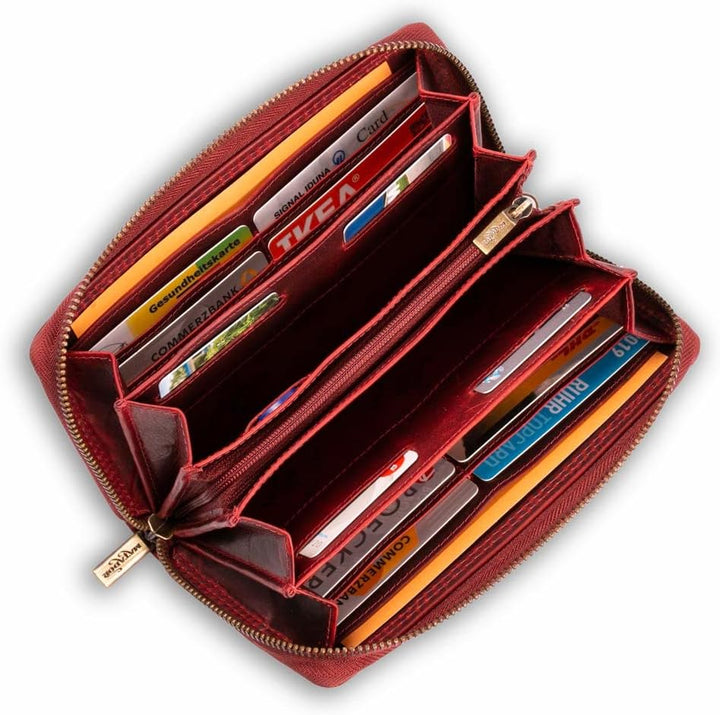 Matador Geldbörse Damen Leder Geldbeutel Echt Leder Langbörse Frauen Rot Viele Kartenfächer TüV Gepr
