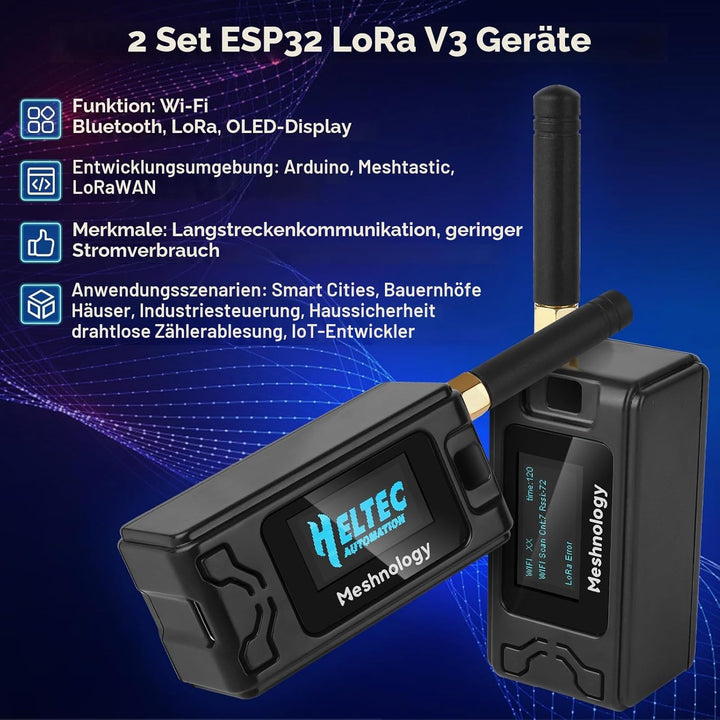 2 Pack ESP32 LoRa V3 Entwicklungsplatine + 1100 mAh Akku + Schutzhülle Set – mit 868 MHz Antenne und