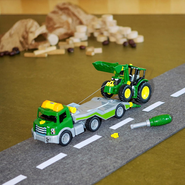 Theo Klein 3908 Transporter mit John Deere Traktor I Schraubset inkl. Schraubendreher I Spielzeug fü