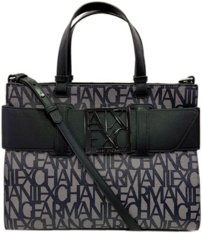 Armani Exchange Women's Large Logo Placket Satchel Bag Big Tote, Beige/Black