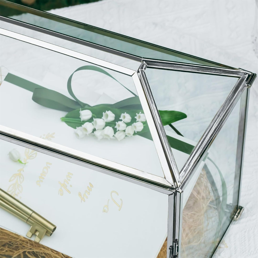 NCYP 32x15x23cm Silberfarbene Hochzeitskarten-Box aus Glas mit Schlitz und Schloss, Handgefertigt De