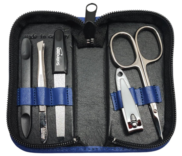 5-tlg Maniküre-Set aus Echtleder – Made in Germany | Solingen Instrumente im Etui Blau, Blau