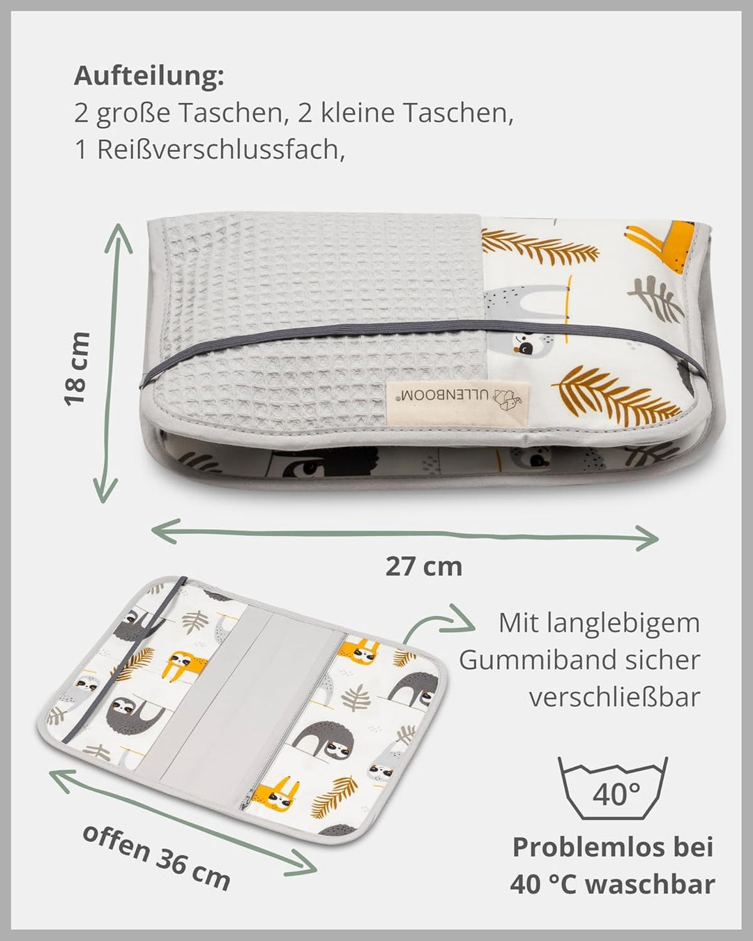 ULLENBOOM Windeltasche für unterwegs, Grau Faultiere, Made in EU - Wickeltasche für bis zu 3 Windeln