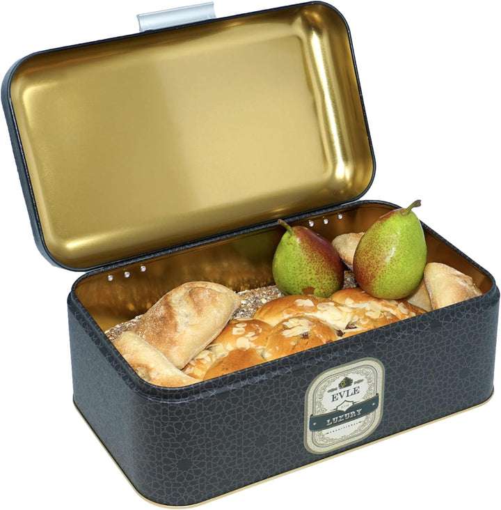 Lashuma Brot Aufbewahrung schwarz Luxus, Vintage Brotbox 36x21 cm, Brotkasten Blech mit Deckel, Luxu