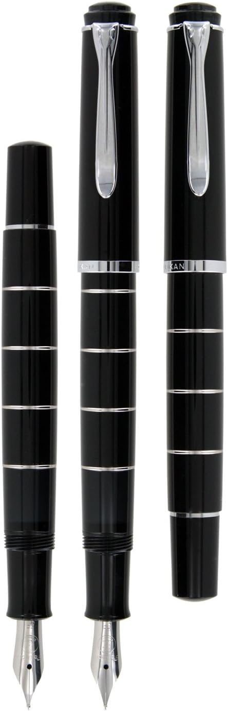 Pelikan Füllhalter Classic 215, Schwarz-Ringe, Feder EF (extra-fein), hochwertiger Kolbenfüller im G