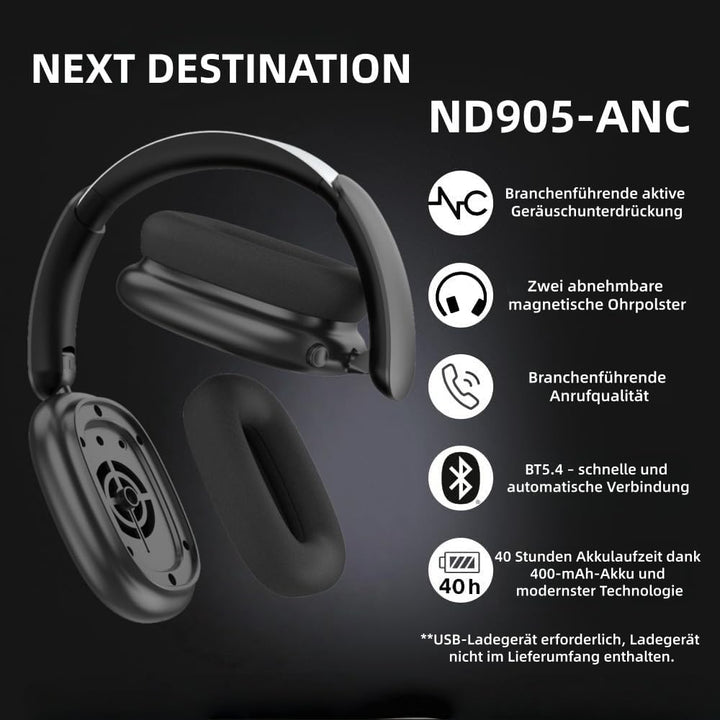 Next Destination ND905-ANC Kabellose Kopfhörer mit Bluetooth 5.4, aktive Geräuschunterdrückung, 40 H