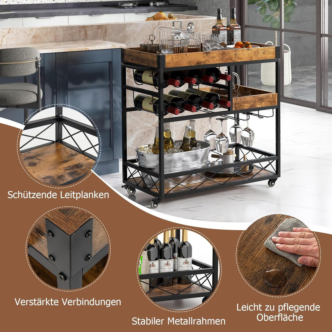 GOPLUS 3-stöckiger Servierwagen, mobiler Barwagen mit 8-Flaschen Weinregal und 12 Glashalter, Küchen