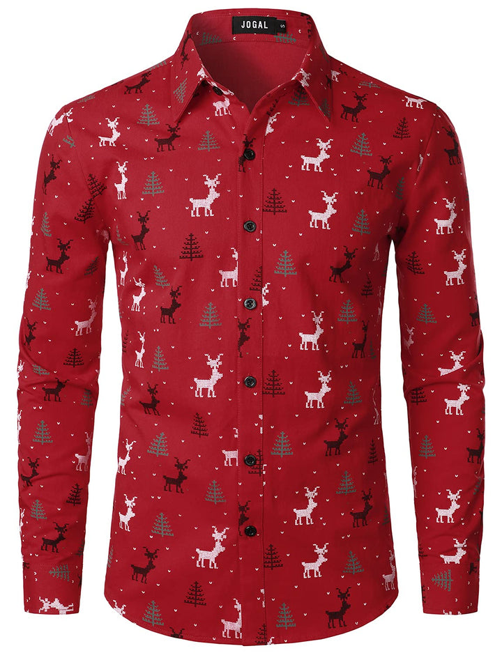 JOGAL Herren Funky Christmas Print Weihnachtsmann Hemd Langarm Button Up Freizeithemd Herren L Rot,
