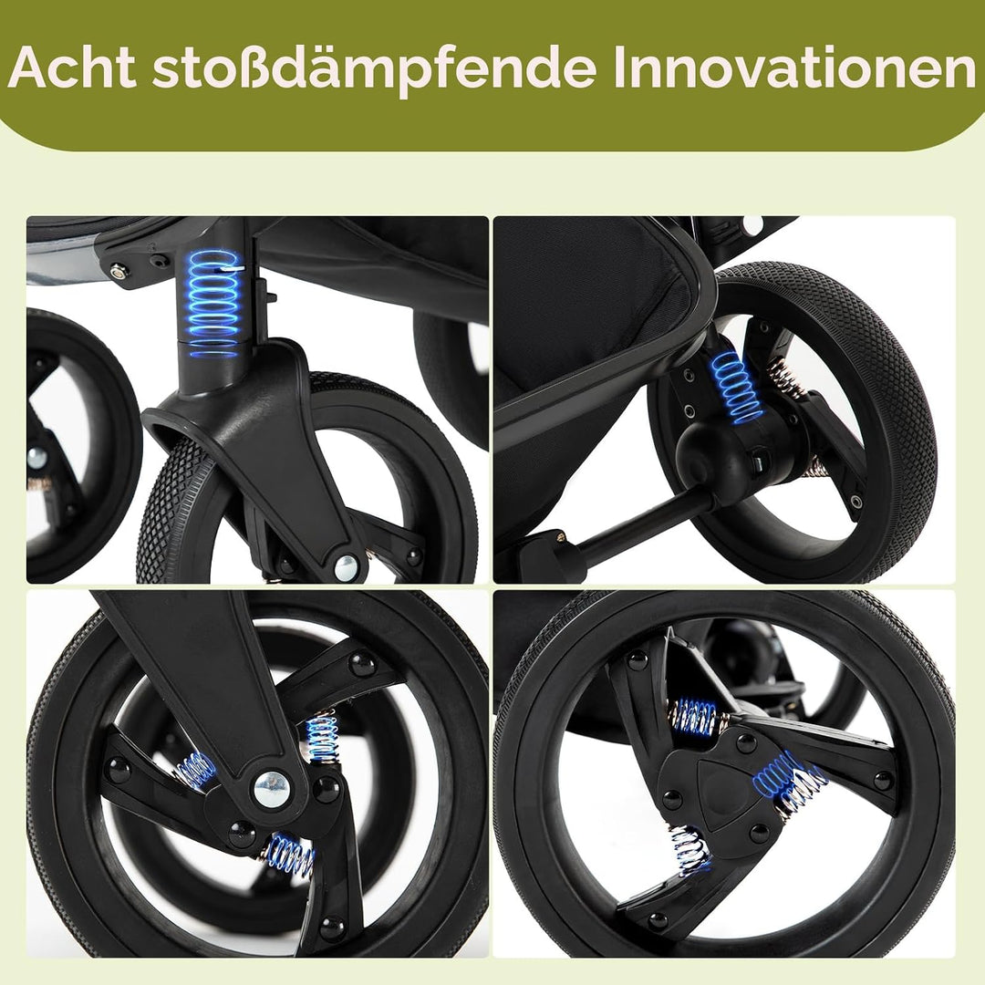 Gcarebb PU Leder 3 in 1 Kinderwagen, Buggy Mit Auto Babyschale, Mit Einem Klick Zusammenklappbarer T
