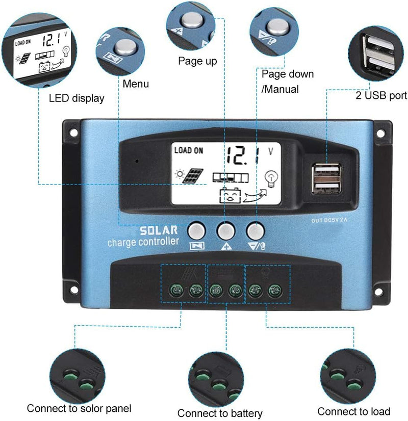 MPPT 40/50/60/100A Professioneller Solarladeregler Dual USB LCD Display 12V 24V(60A), 60A