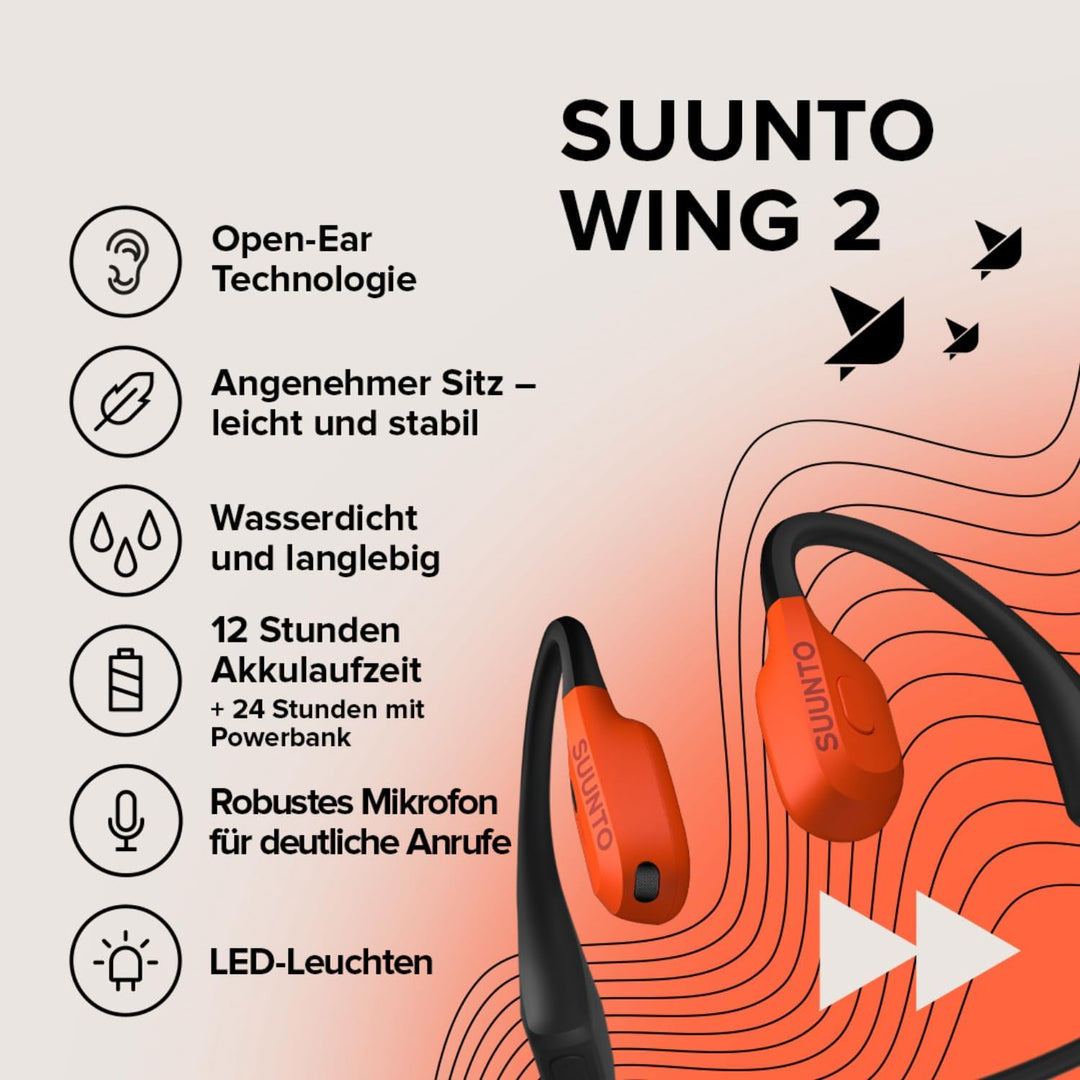 SUUNTO Wing 2 Knochenschall Kopfhörer, Open-Ear Sport Ohrhörer, IP66 Wasserdicht, Bis zu 36 Std Akku