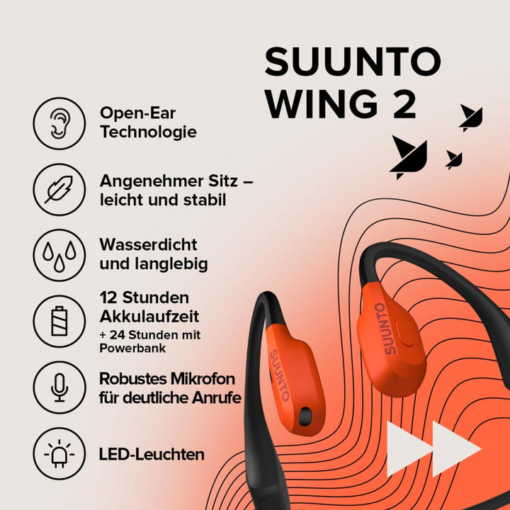 SUUNTO Wing 2 Knochenschall Kopfhörer, Open-Ear Sport Ohrhörer, IP66 Wasserdicht, Bis zu 36 Std Akku
