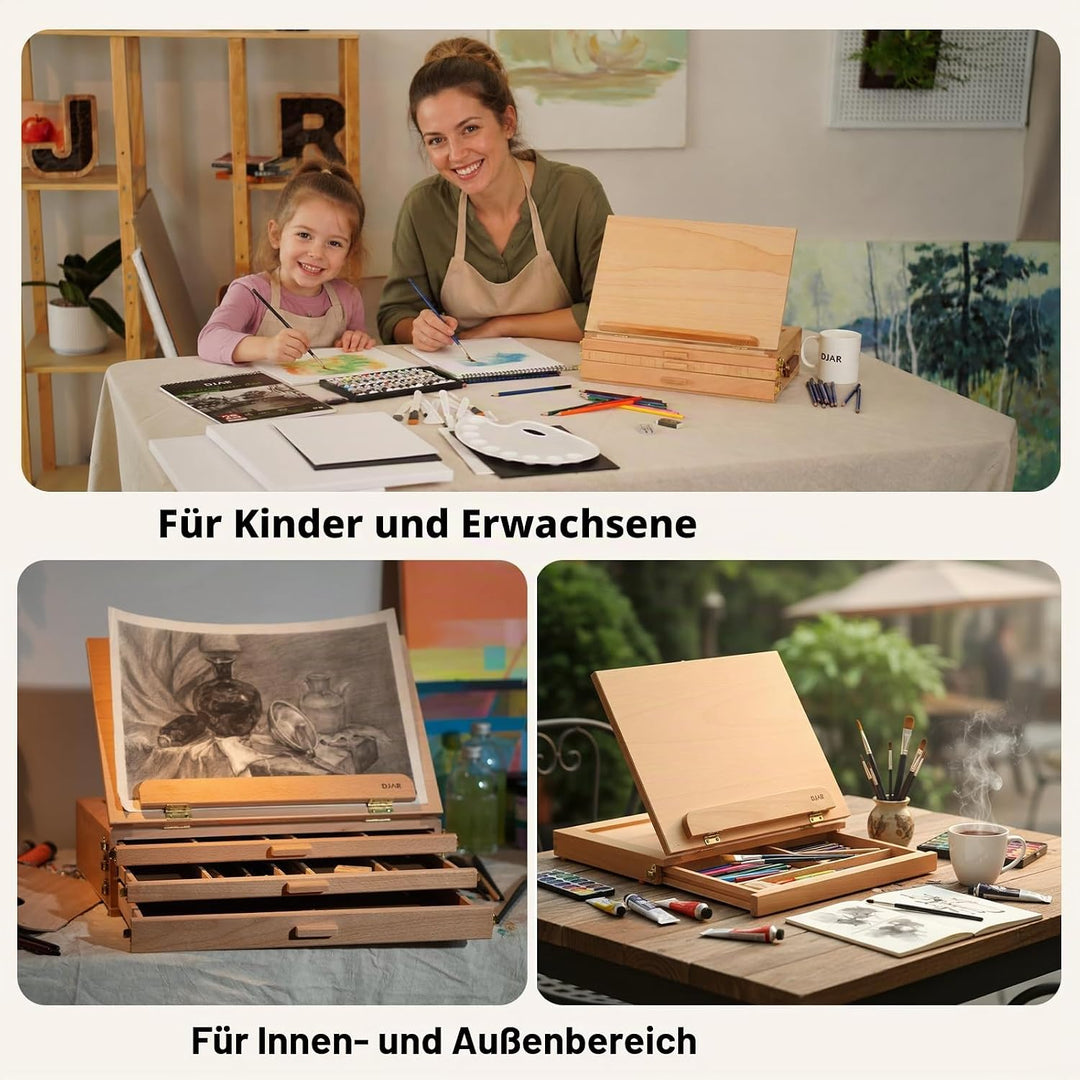 DJAR Tischstaffelei Holz mit 3 Schublade, Tisch-Skizzenbox aus Buchenholz, tragbare Künstler-Staffel