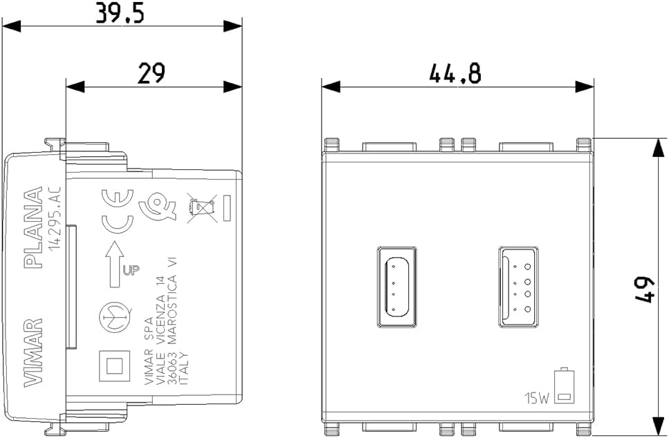 Vimar 14295.AC.SL Plana USB-Steckdose 5 V 3 A, 1 USB-Ausgang Typ A und 1 Typ C, insgesamt 3 A zum Au