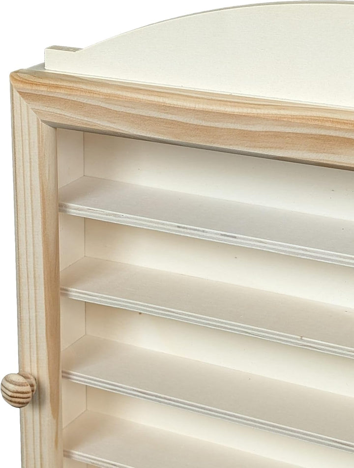 Vitrine hölzerne. Naturholz, zum Bemalen. Masse (Breite/Boden/Höhe): 40 * 6,5 * 40 cm.