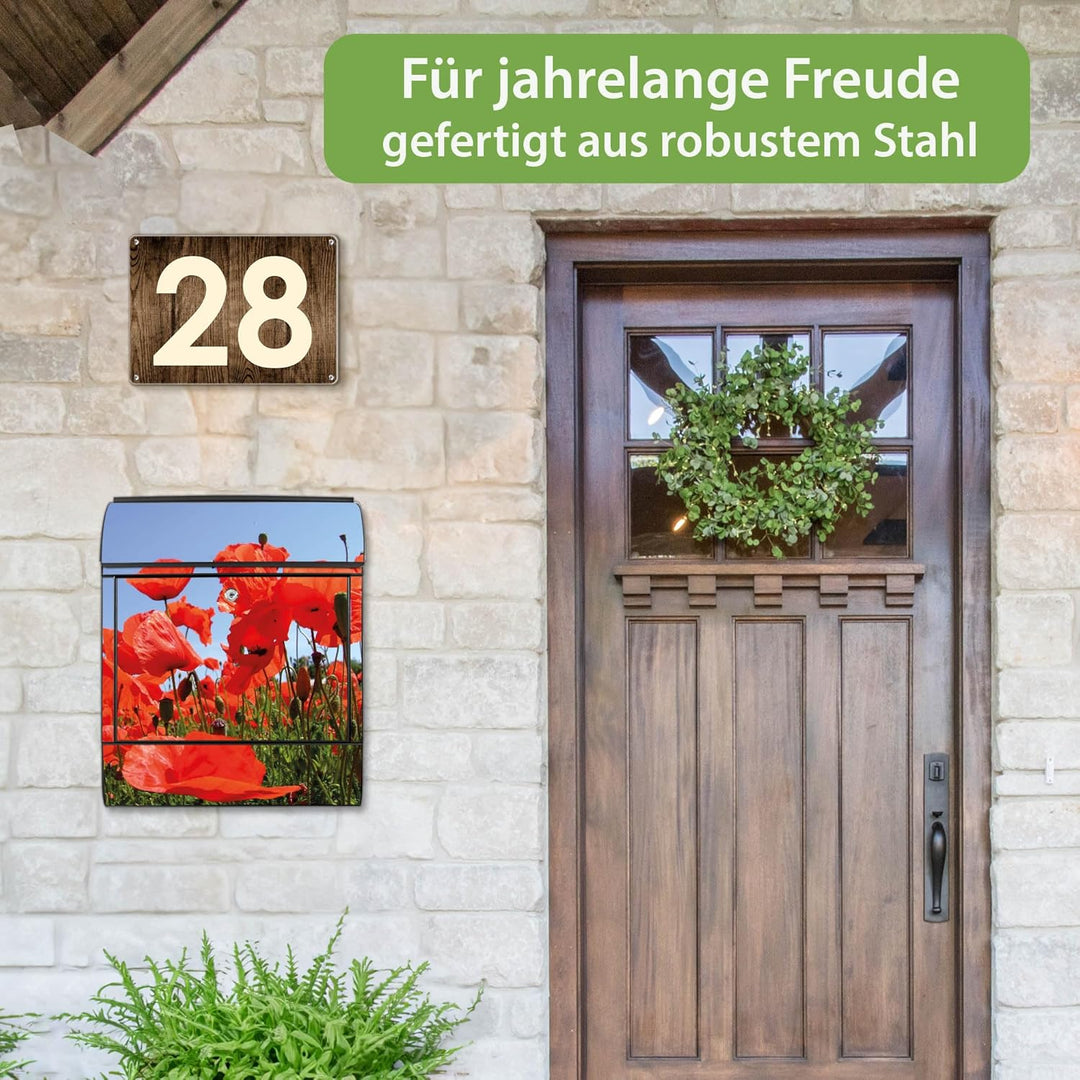 banjado® Design Briefkasten mit Motiv Mohnblumen 39x47x14cm &amp; 2 Schlüssel - Briefkasten Stahl schwar